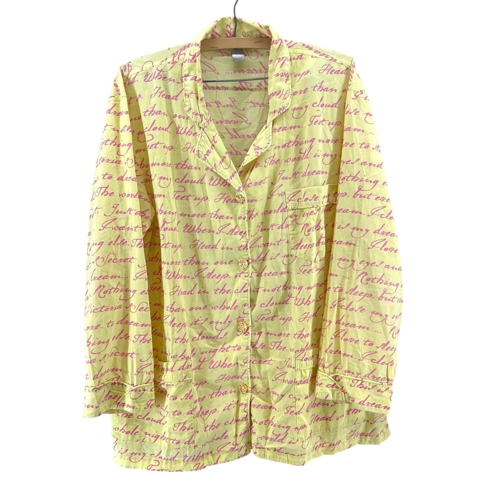 Victoria's Secret Pajama Top Womens L Yellow Pink Script Sleep‎ Cozy Soft Pastel